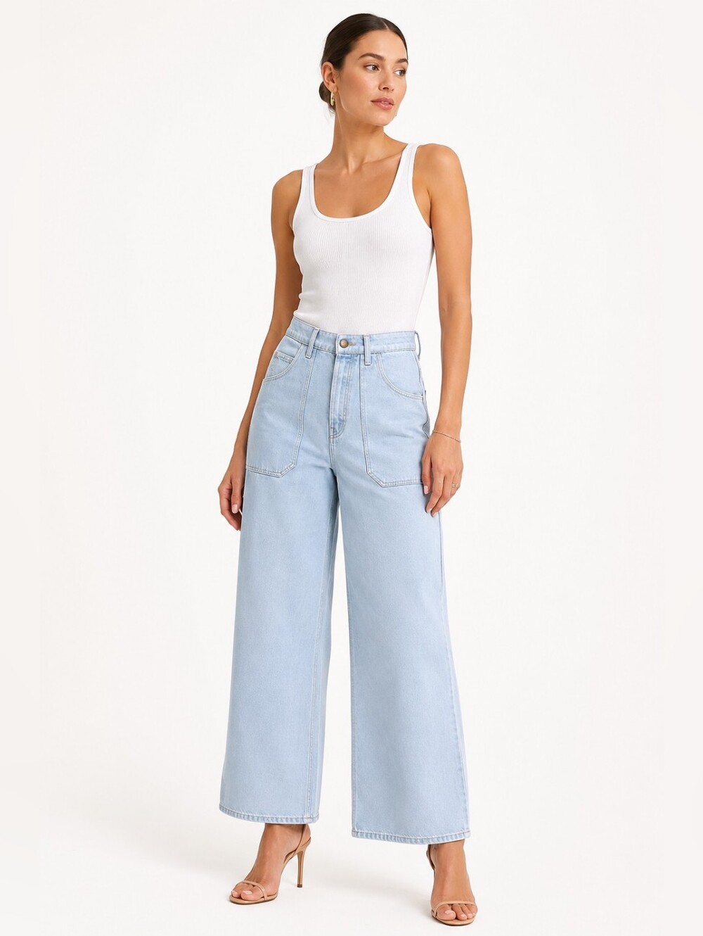 MOTHER Snacks High Rise Wide Leg Ankle Carpenter Utility Jeans 27 Light Wash